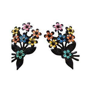 Vintage Expansion Creations Enamel Floral Clip-On Earrings Multicolor Flowers Bl